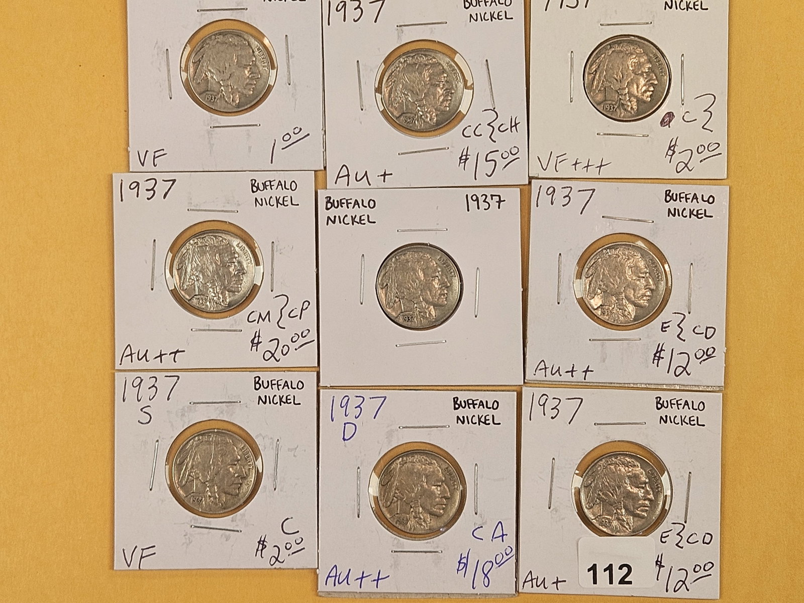 Nine nice 1937 Buffalo Nickels: Grades from Very Fine through Brilliant About Uncirculated plus