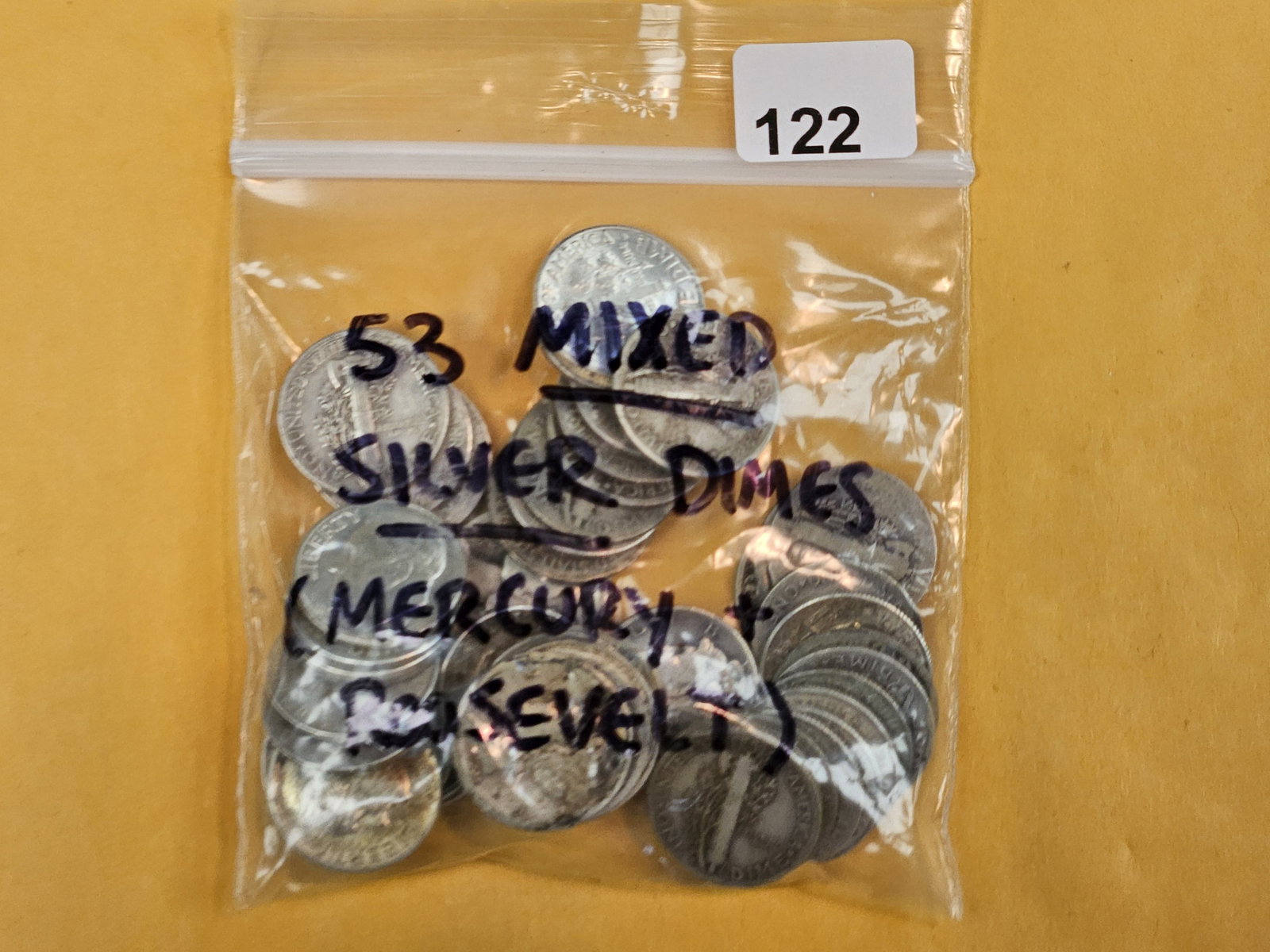 Fifty-three mixed silver Mercury and Roosevelt Dimes: Circulated