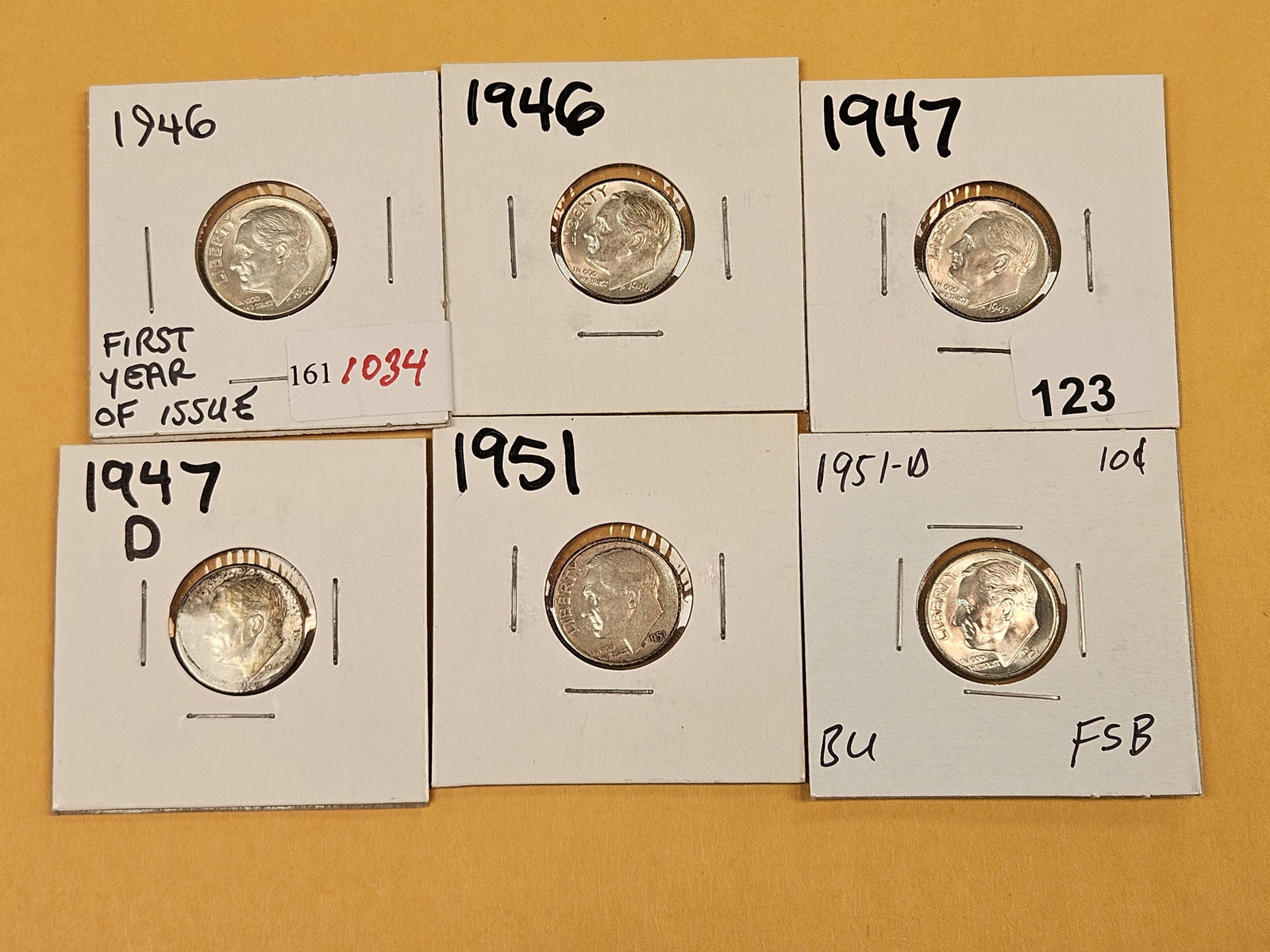 Six mixed, Roosevelt silver Dimes - 2