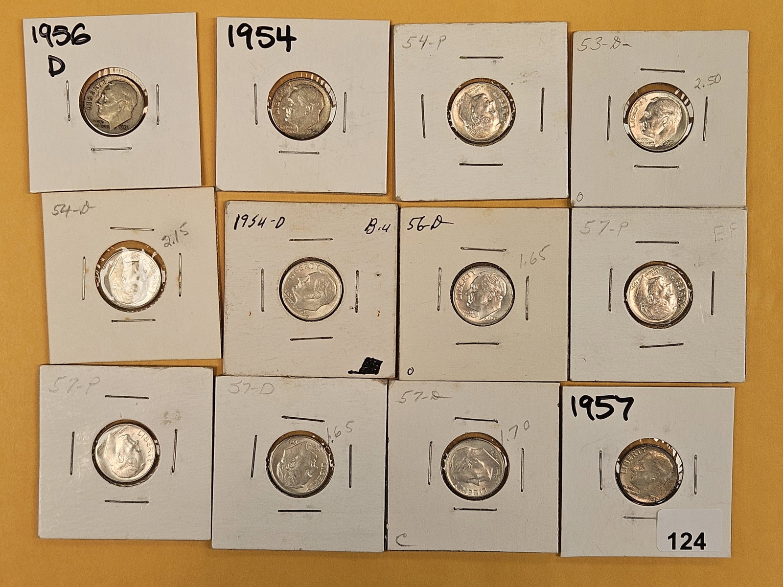Twelve mixed, silver, Roosevelt Dimes: Most brilliant uncirculated