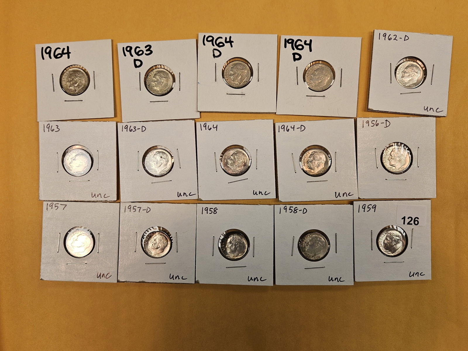 Fifteen mixed, silver, Roosevelt Dimes: Most brilliant uncirculated