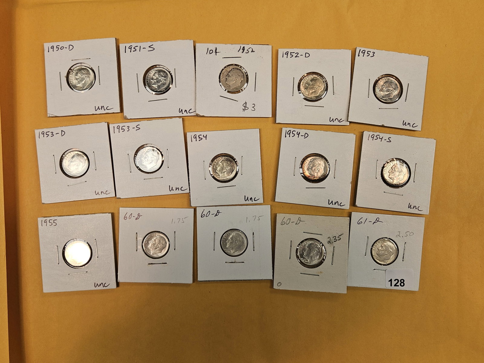 Fifteen mixed, silver, Roosevelt Dimes: Most brilliant uncirculated