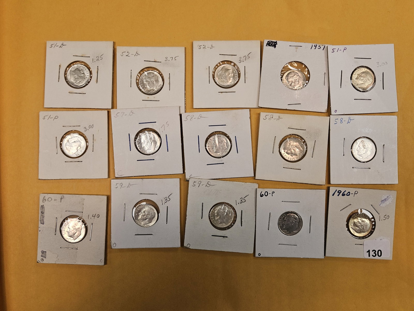 Fifteen mixed, silver, Roosevelt Dimes: Most brilliant uncirculated