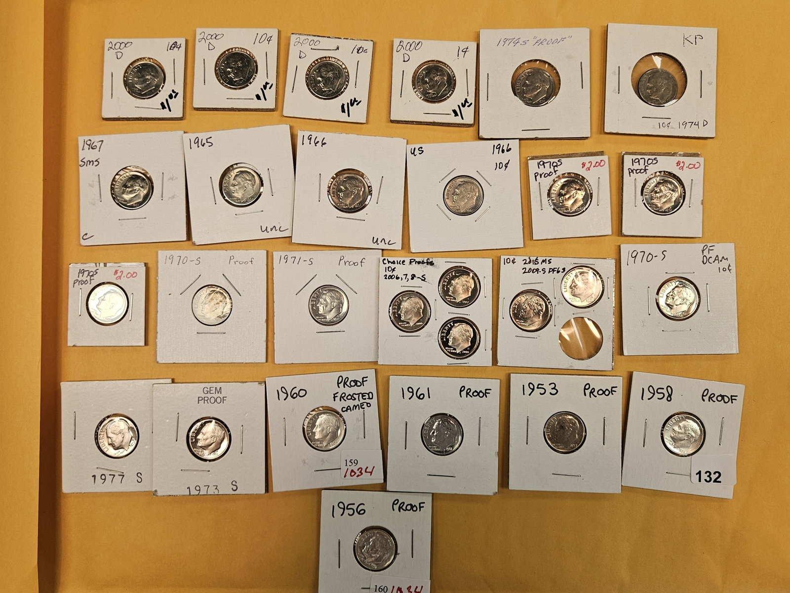 Twenty-eight mixed Roosevelt dimes: Some from mint sets, some from proof sets, some silver, some clad