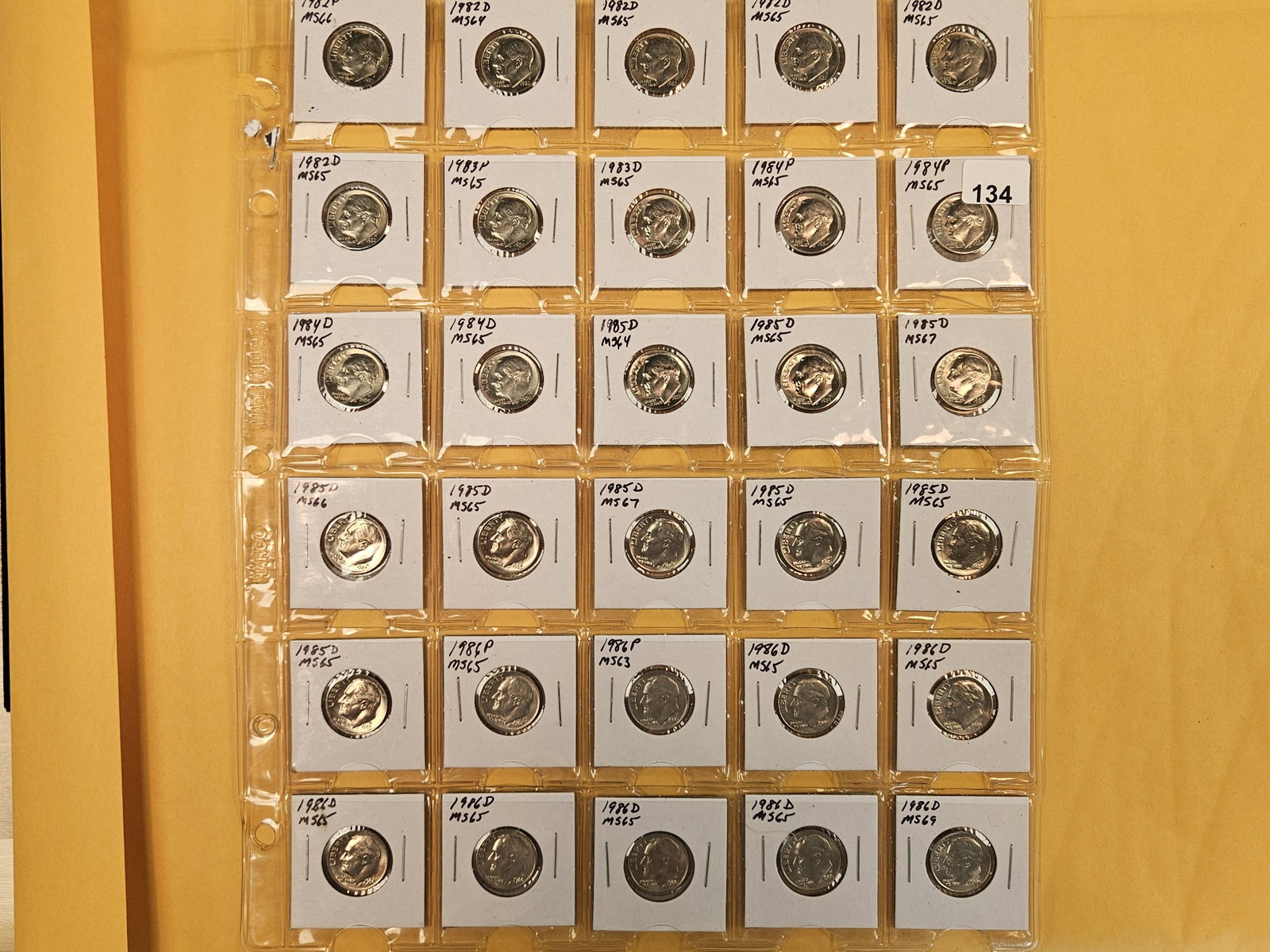 Sheet-full (20 coins) of GEM Brilliant Uncirculated Roosevelt Dimes: All 1980's