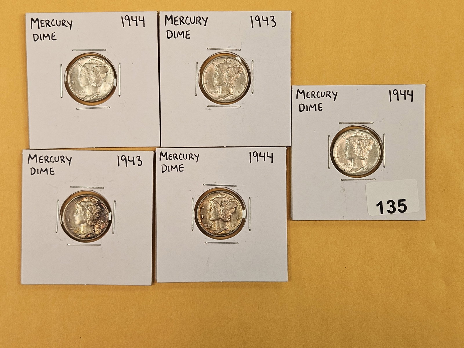 Five silver Mercury Dimes: Brilliant Uncirculated to Very Choice Brilliant Unirculated