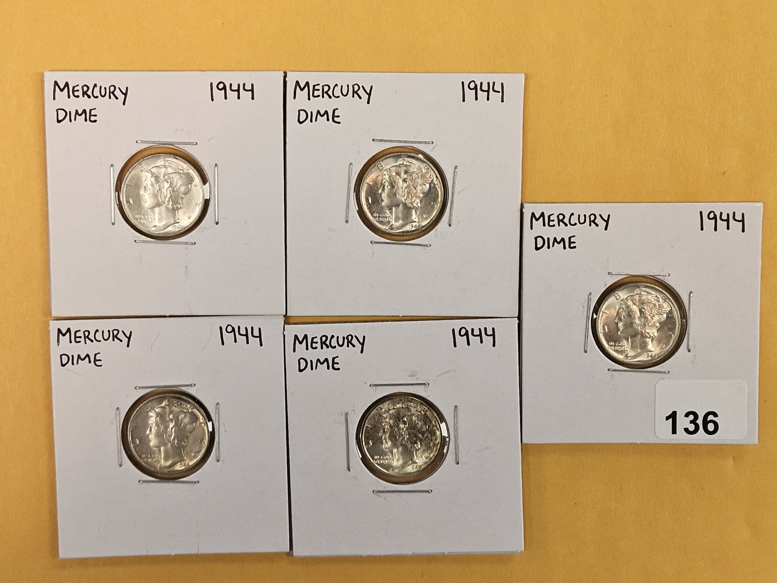 Five silver Mercury Dimes: Brilliant Uncirculated to Very Choice Brilliant Unirculated