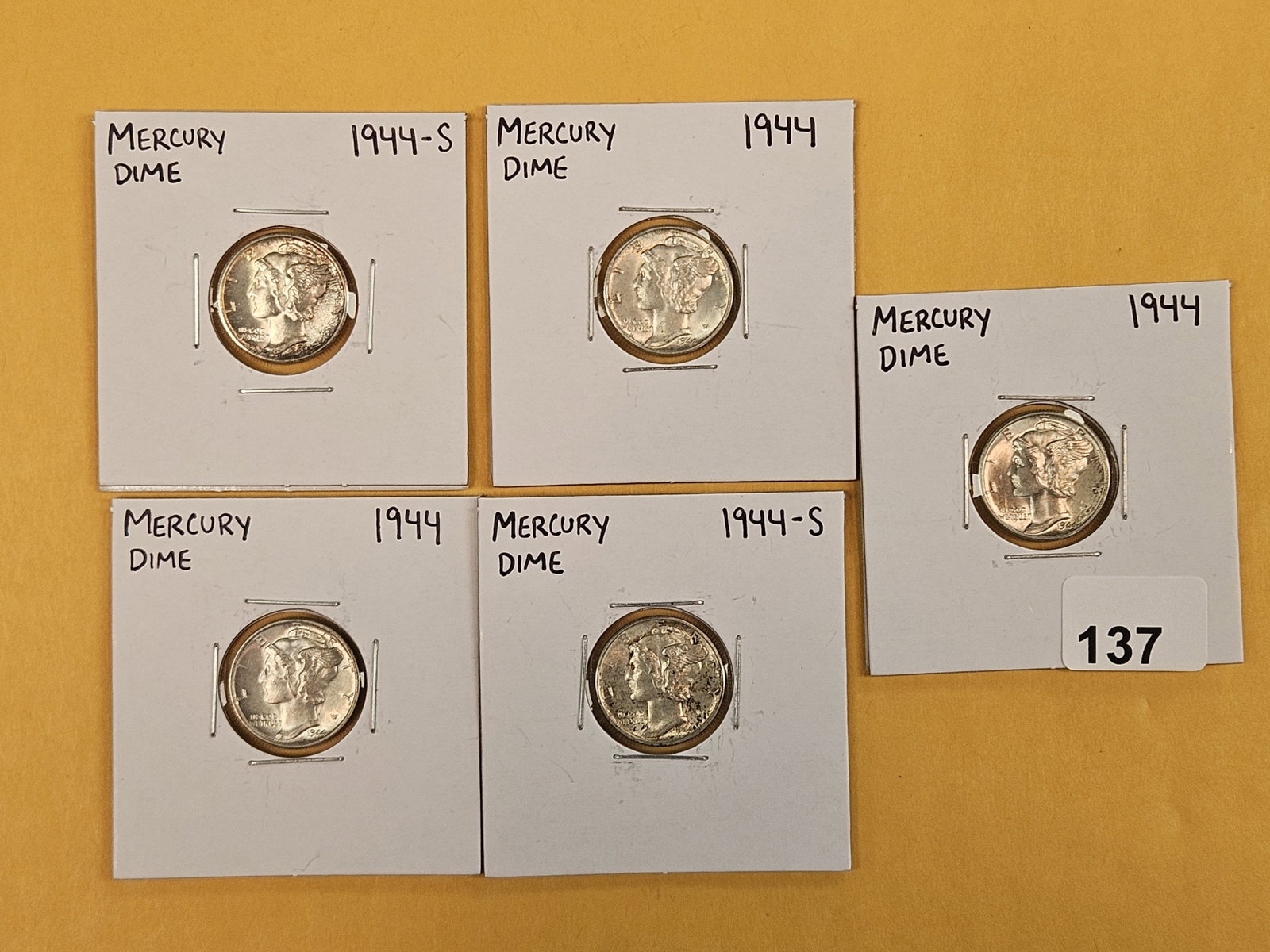 Five silver Mercury Dimes: Brilliant Uncirculated to Very Choice Brilliant Unirculated