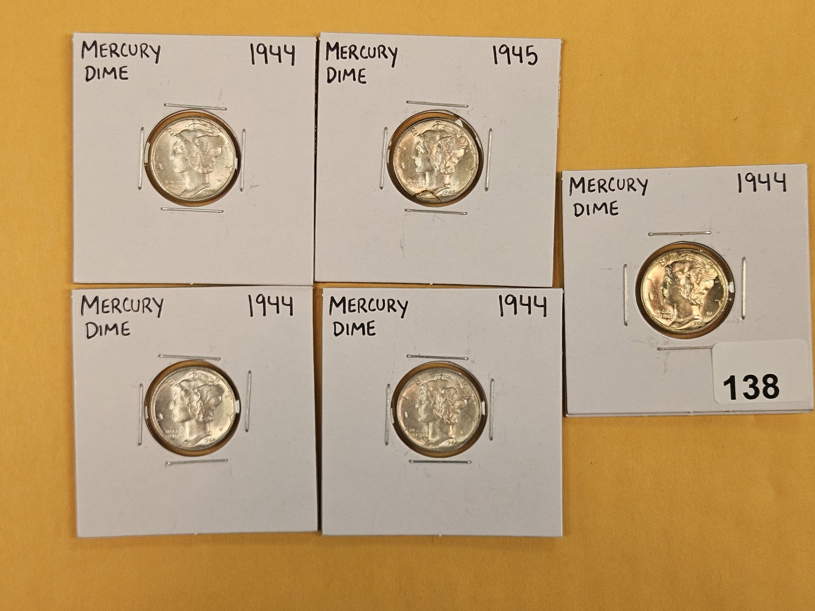 Five silver Mercury Dimes: Brilliant Uncirculated to Very Choice Brilliant Unirculated