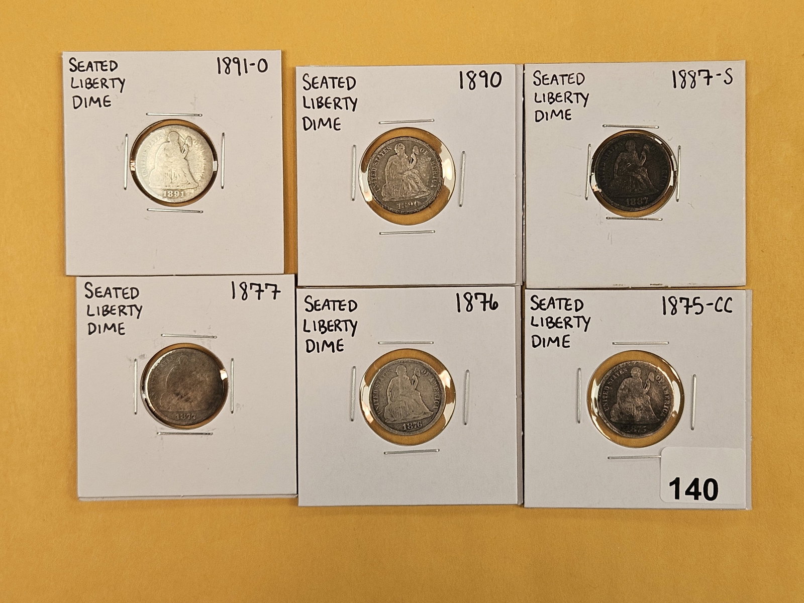 Six, mixed, silver, Seated Liberty Dimes: Circulated. Includes a Carson City!