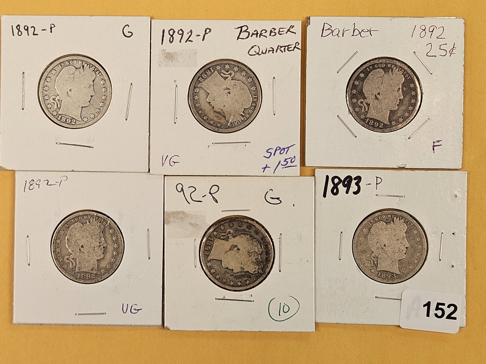 Six early date Barber silver Quarters: Circulated