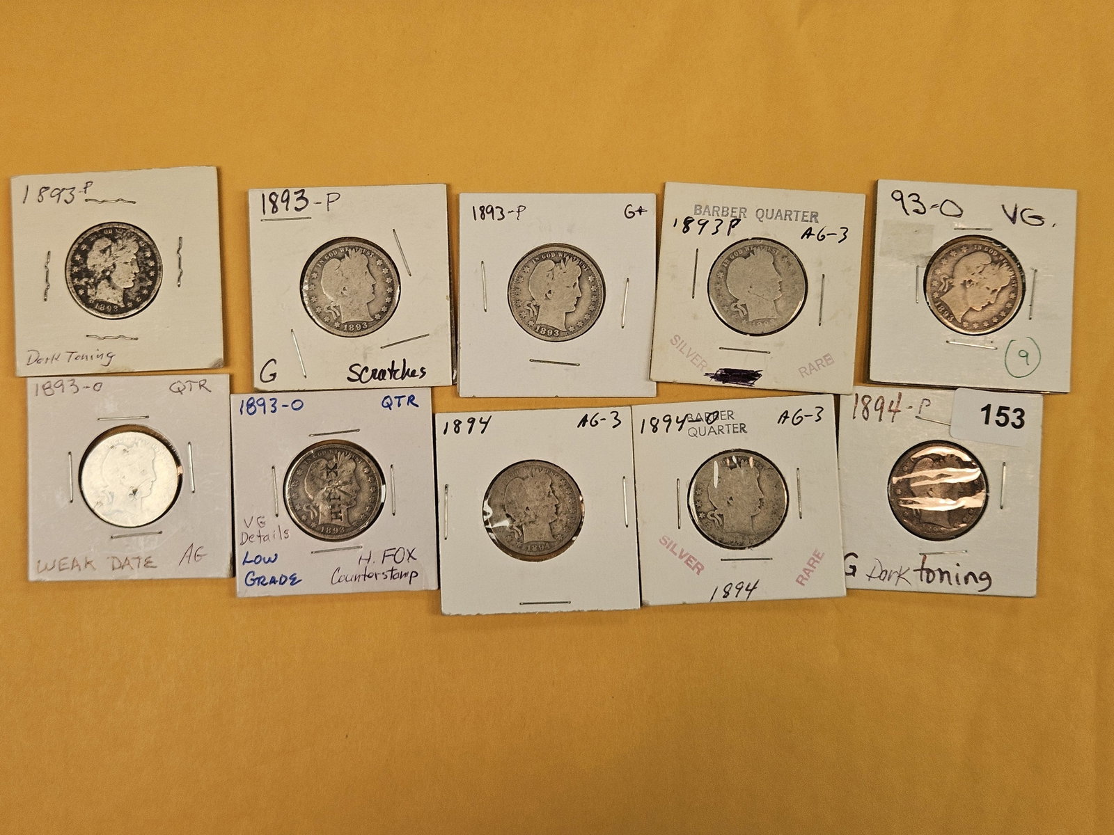 Ten, mixed, early date silver Barber Quarters: Circulated