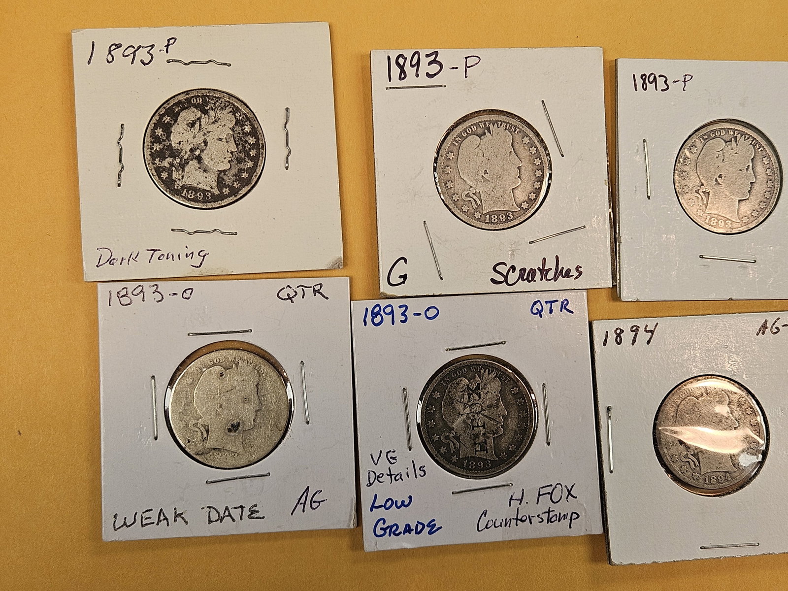 Ten, mixed, early date silver Barber Quarters - 2