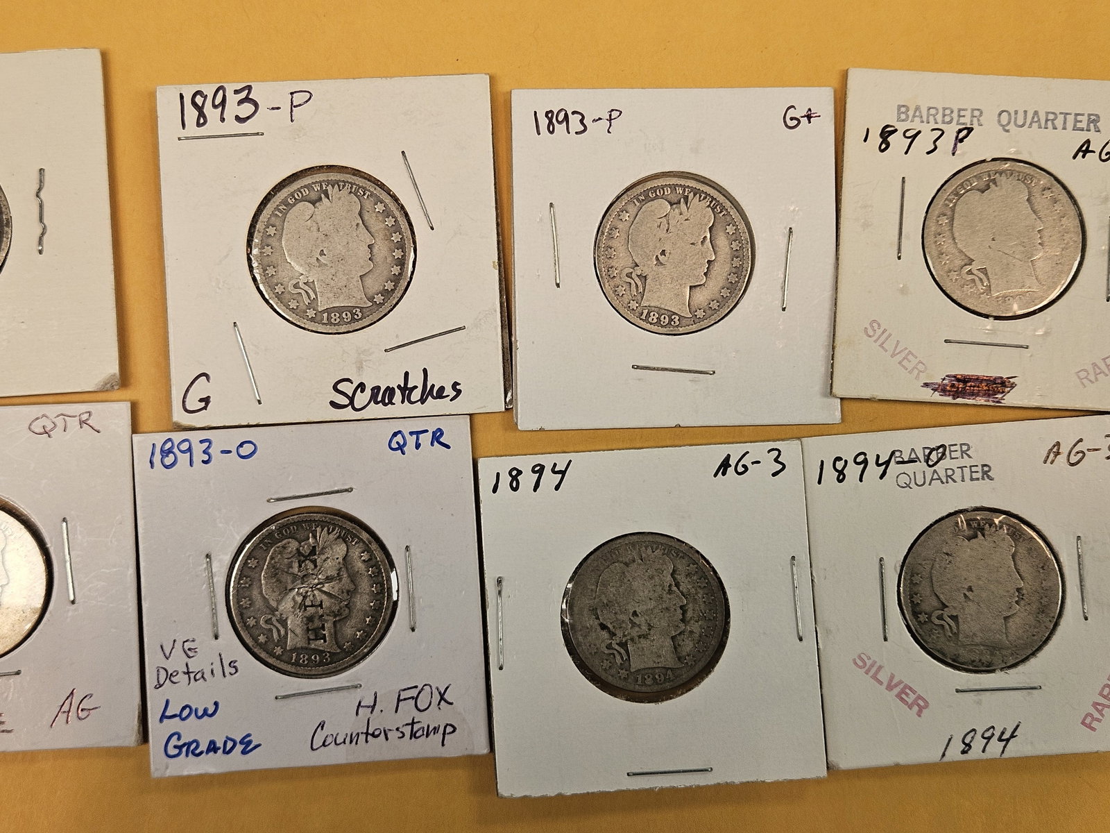 Ten, mixed, early date silver Barber Quarters - 3