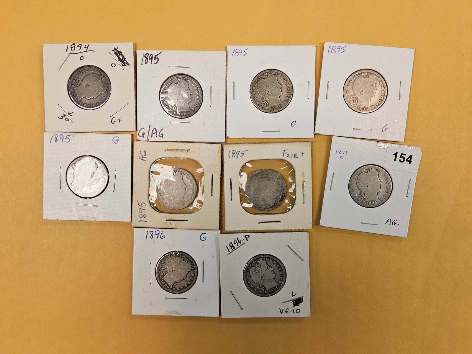 Ten, mixed, early date silver Barber Quarters: Circulated