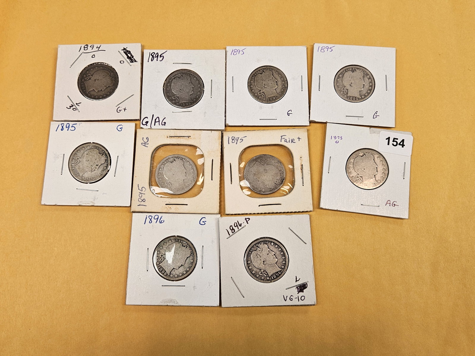 Ten, mixed, early date silver Barber Quarters - 2