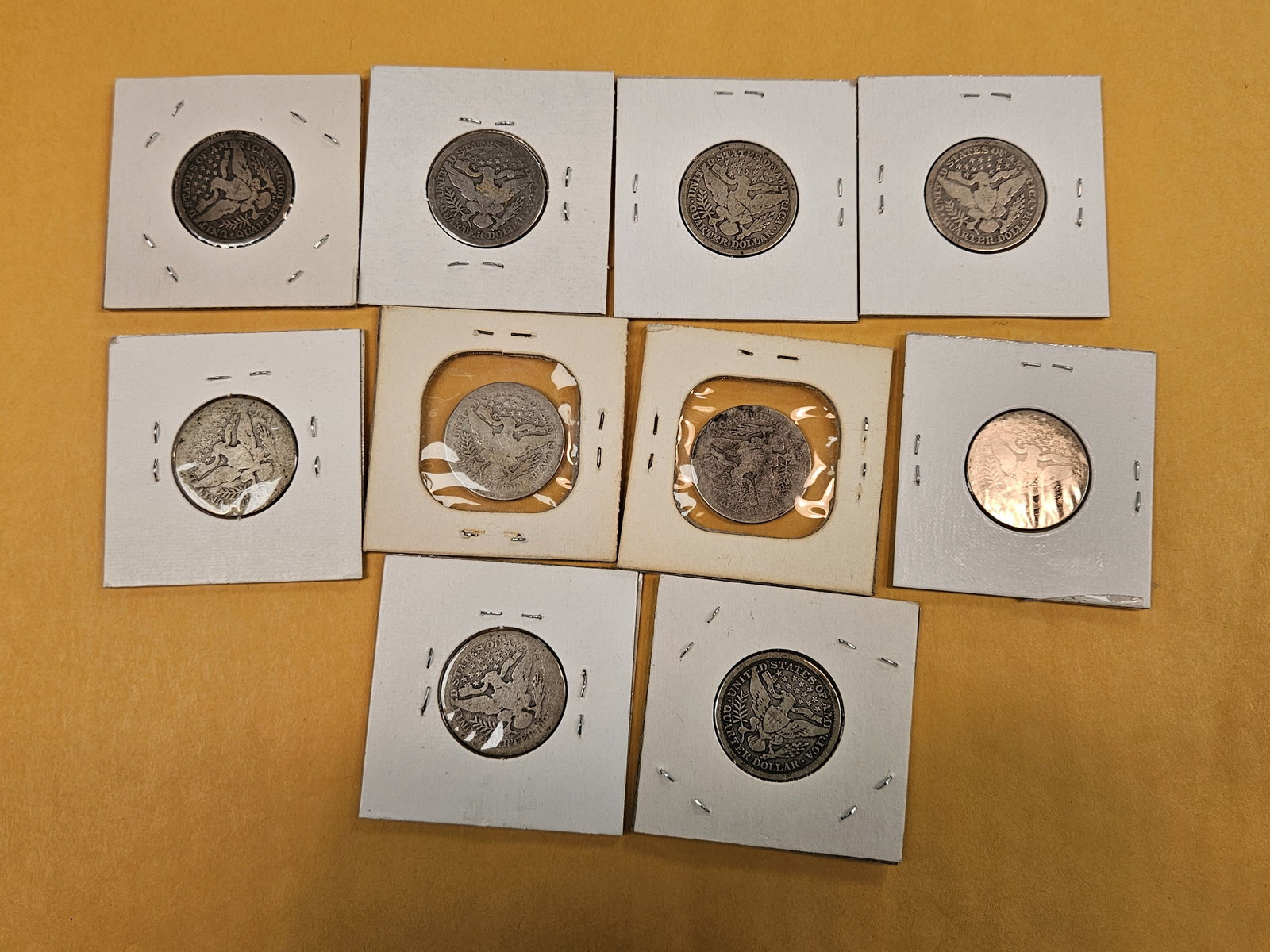 Ten, mixed, early date silver Barber Quarters - 3