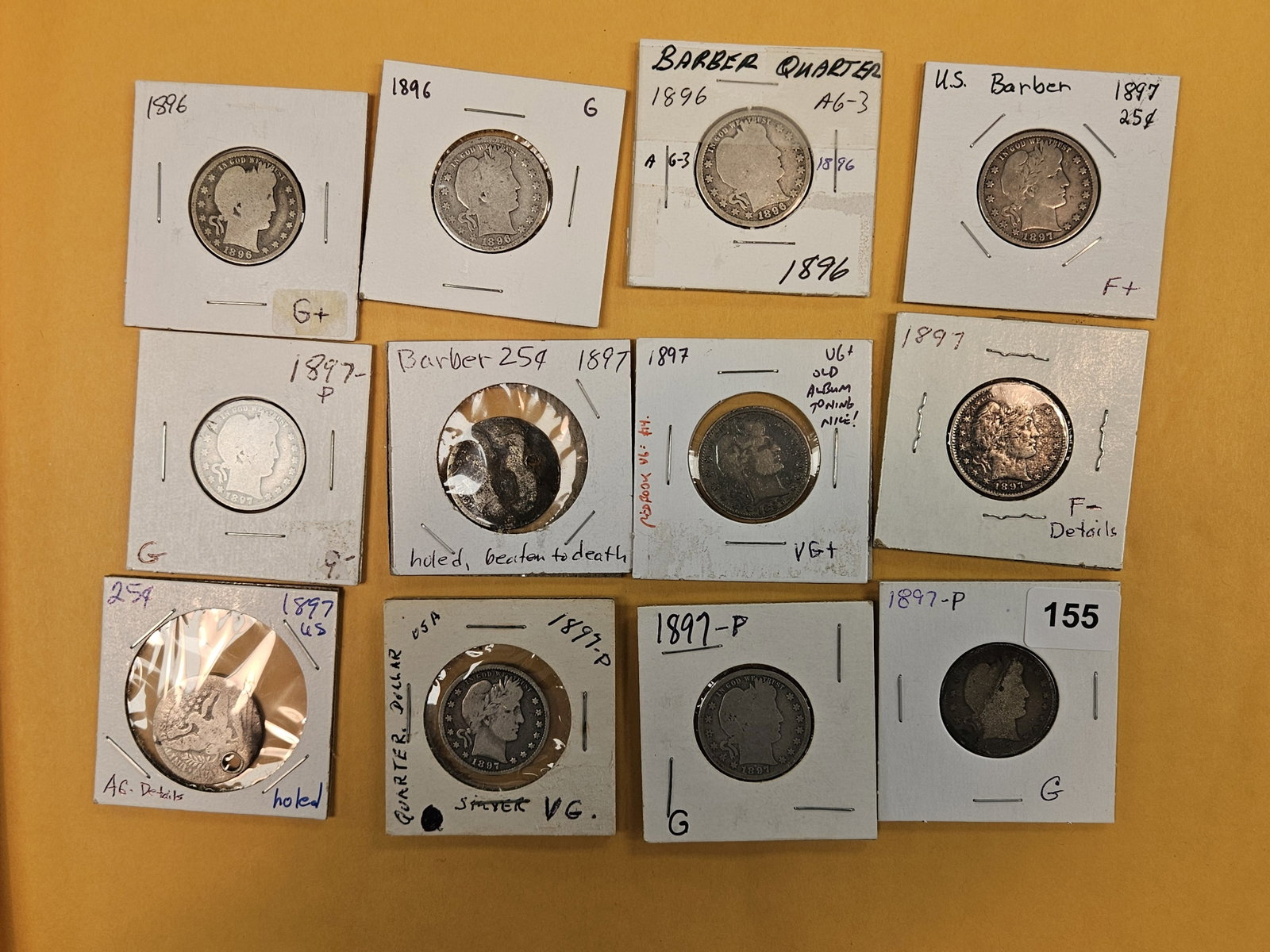 Twelve, mixed, early date silver Barber Quarters: Circulated