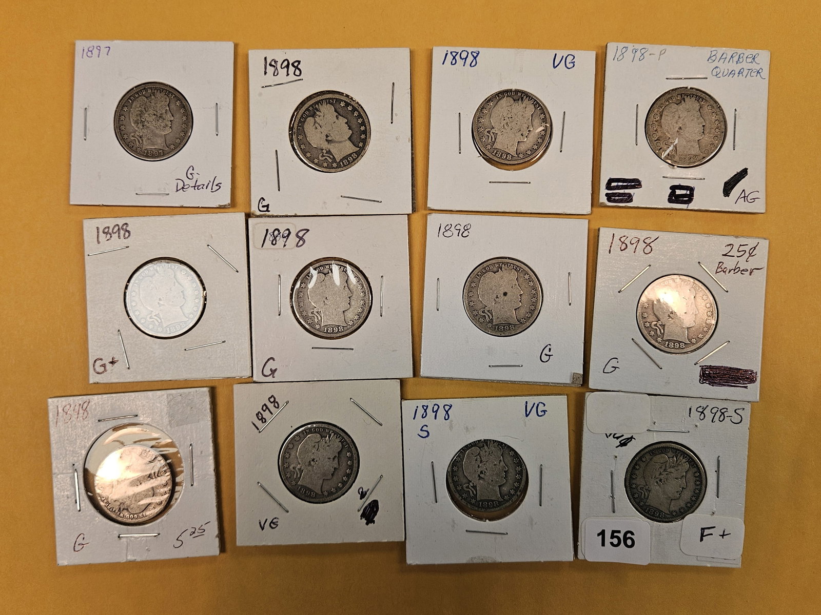 Twelve, mixed, early date silver Barber Quarters: Circulated