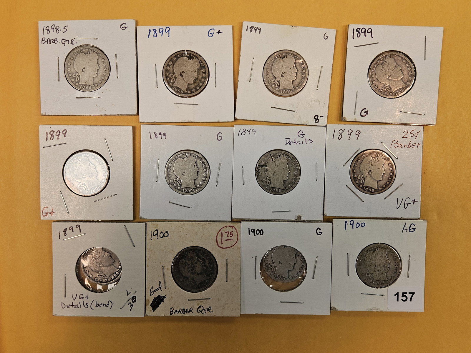 Twelve, mixed, early date silver Barber Quarters: Circulated