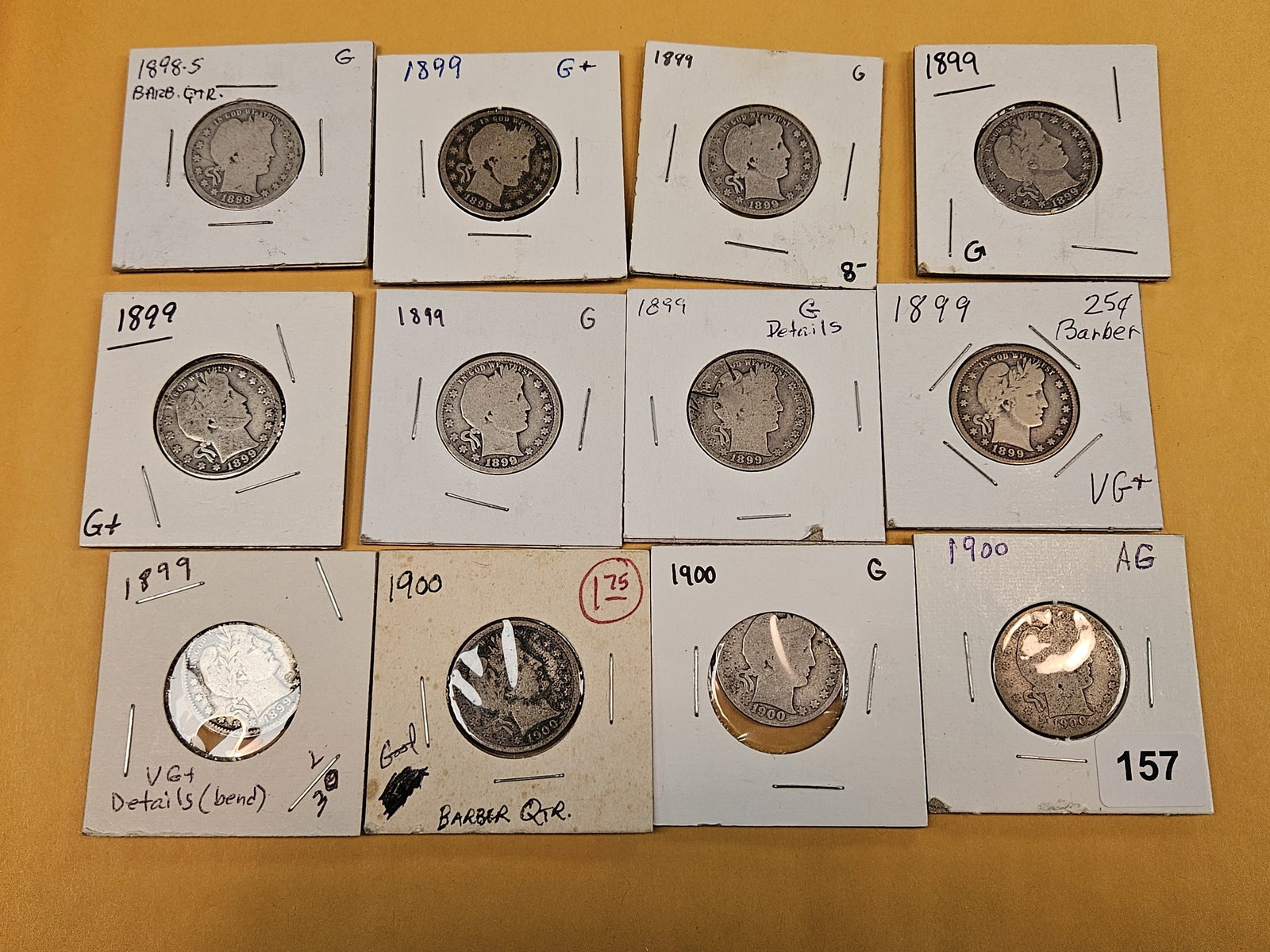 Twelve, mixed, early date silver Barber Quarters - 2