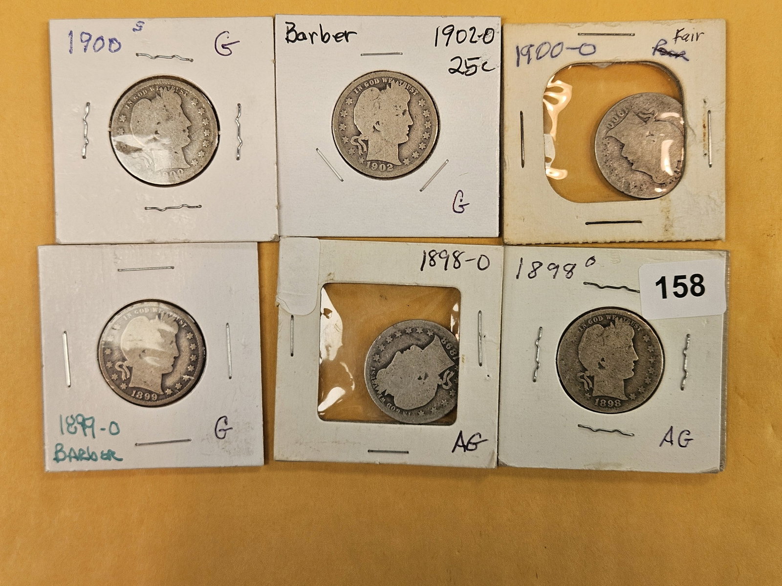 Six, slightly better date, Barber silver Quarters: Circulated
