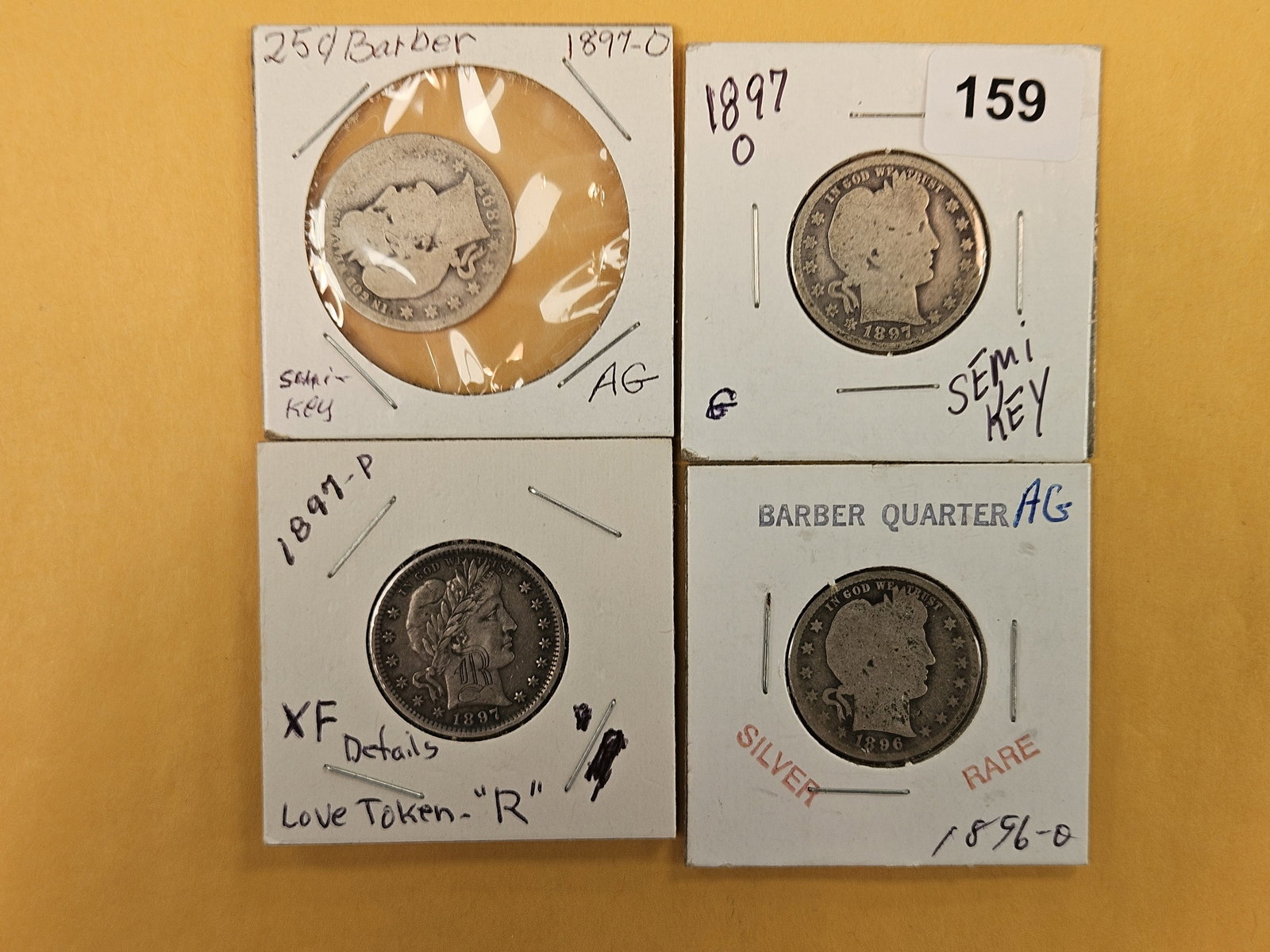 Four, slightly better date, Barber silver Quarters: Circulated