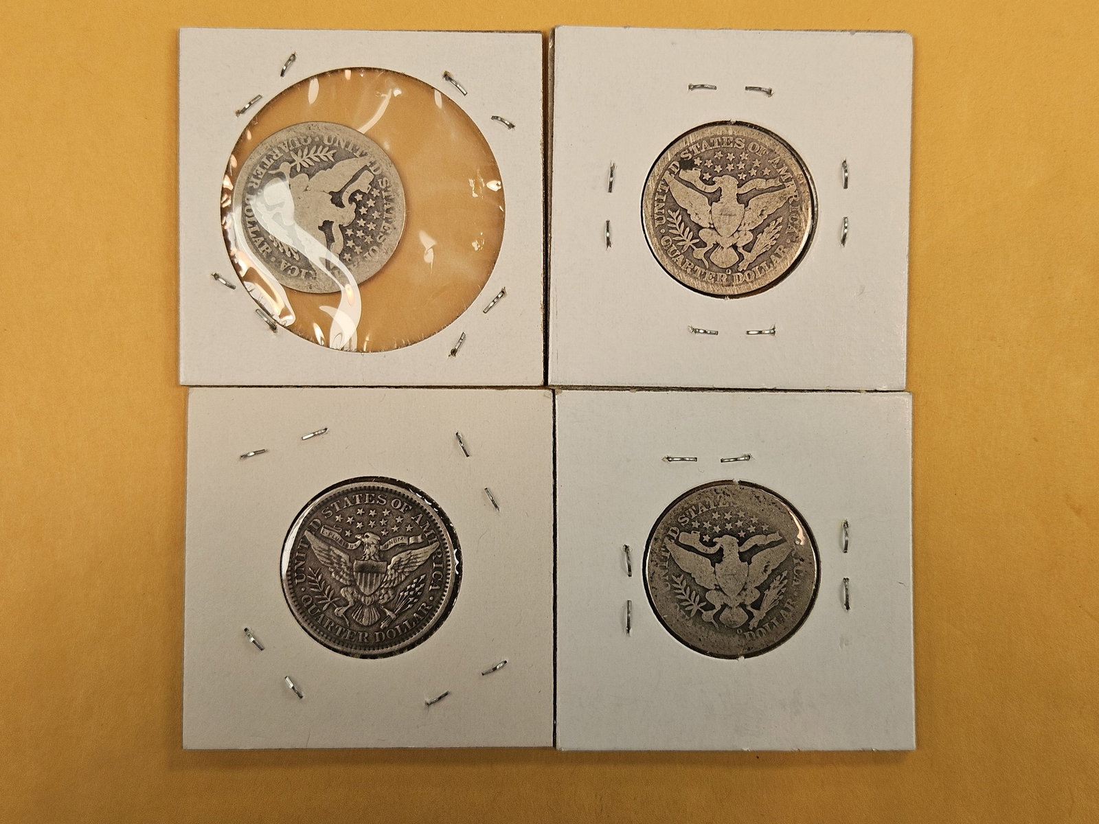 Four, slightly better date, Barber silver Quarters - 3