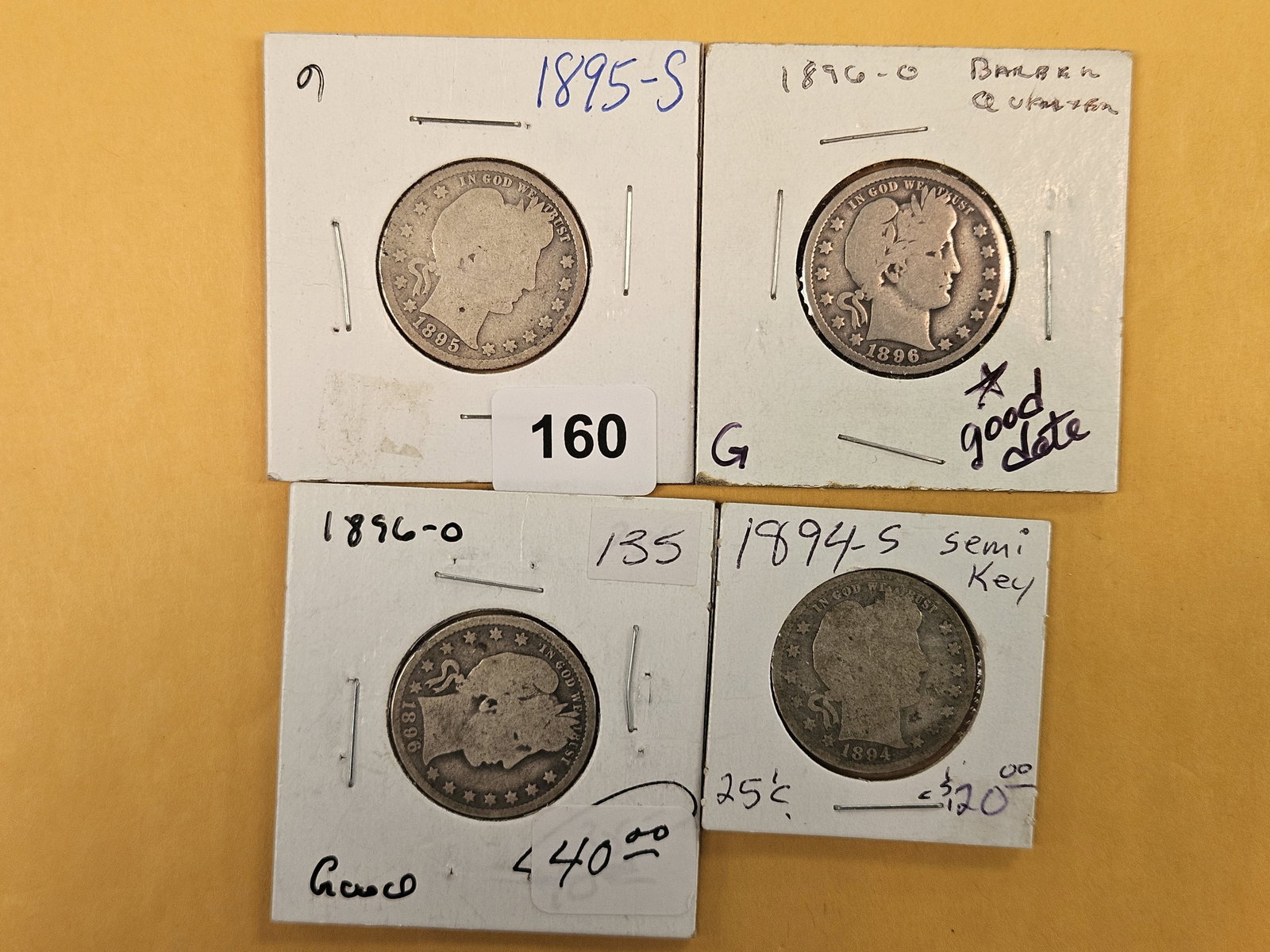 Four, slightly better date, Barber silver Quarters: Circulated