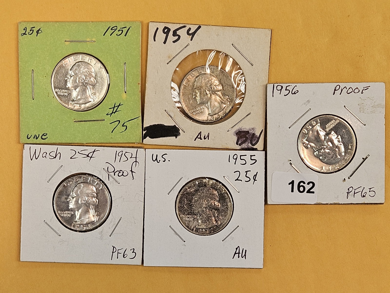 Five mixed, silver, Washington Quarter: BU, Circulated and Proof