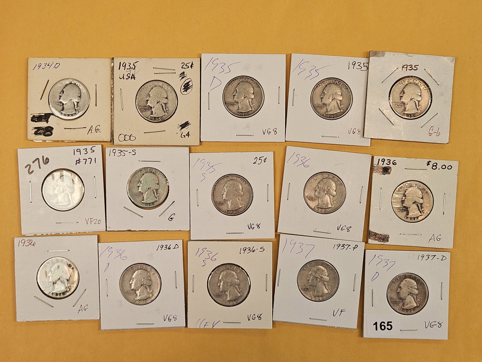 Fifteen, mixed, silver, earlier date, Washington Quarters: All circulated