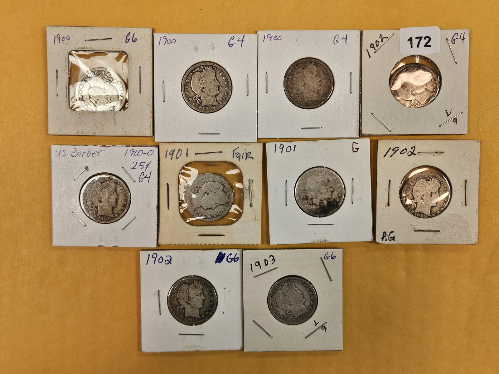 Ten mixed silver Barber Quarters: Circulated