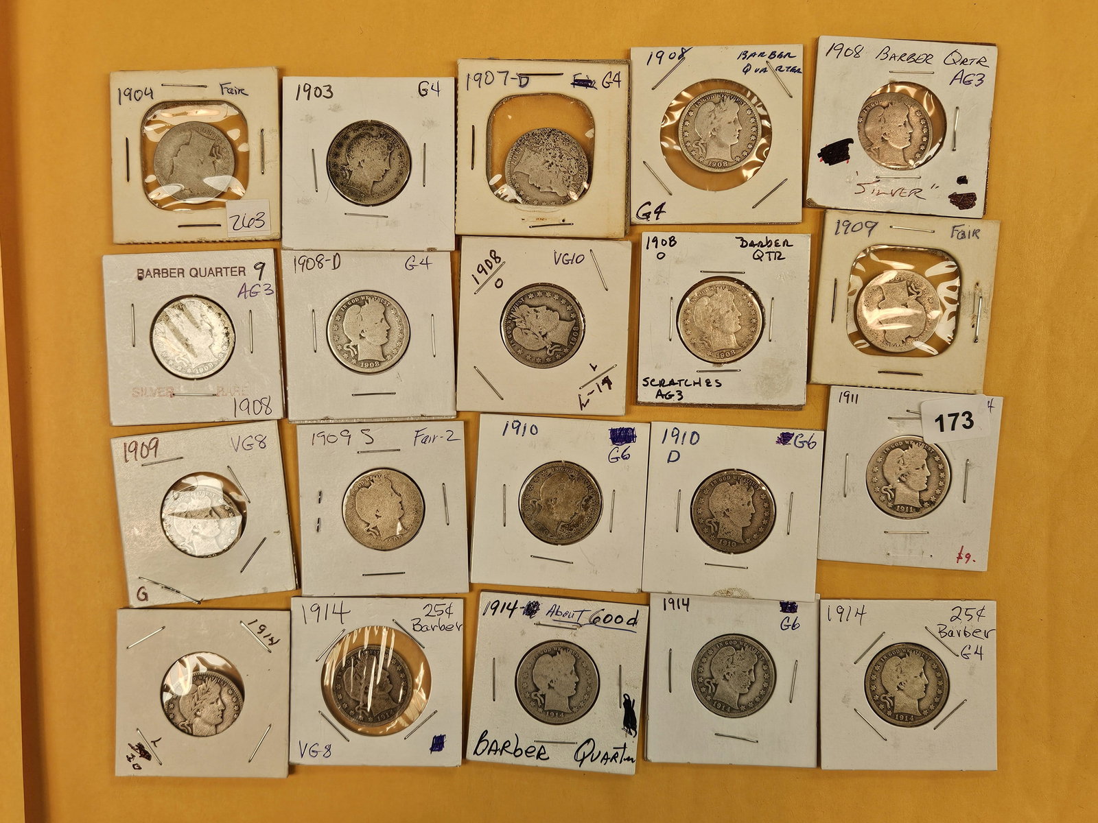 Twenty mixed silver Barber Quarters: Circulated