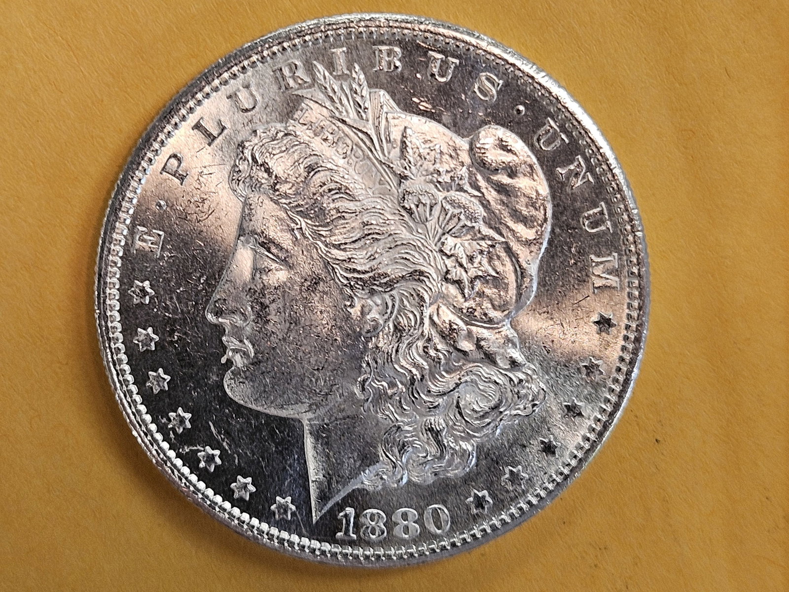 Choice Brilliant Uncirculated plus 1880-S Morgan Silver Dollar: Deep Contrast. Near Prooflike