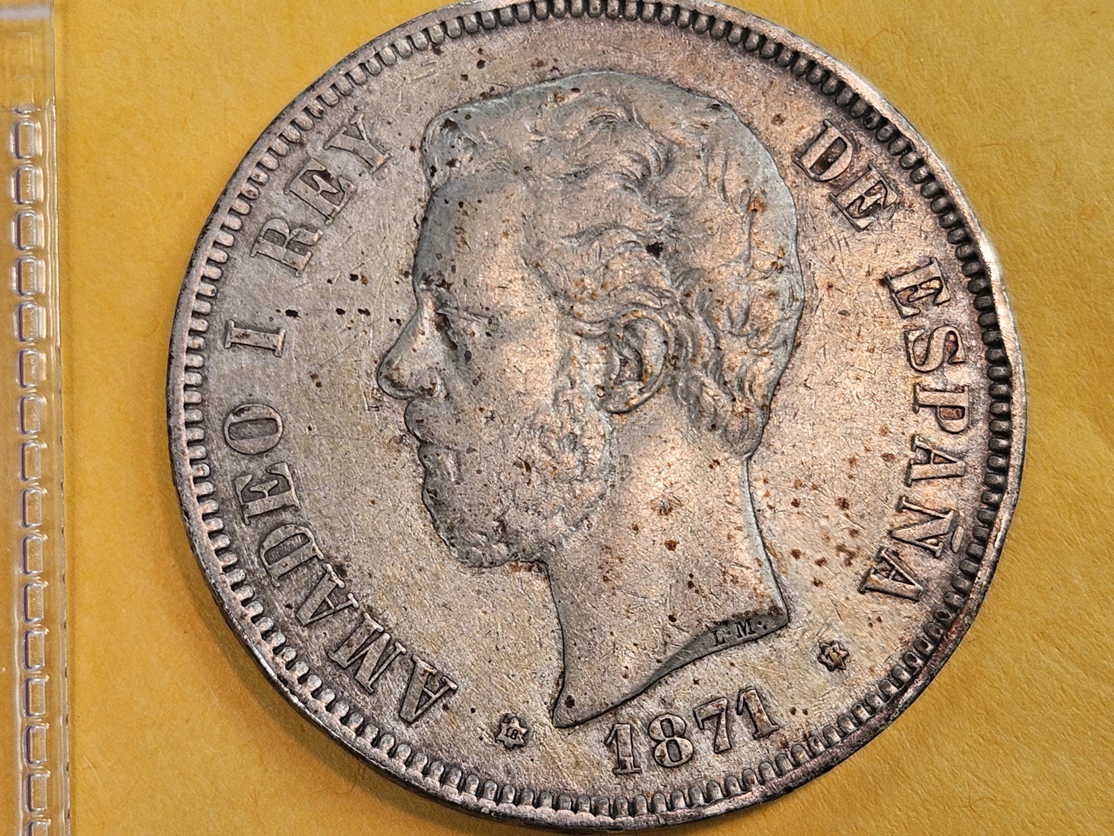 1871 Spain silver 5 pesetas in Extra Fine: KM 666