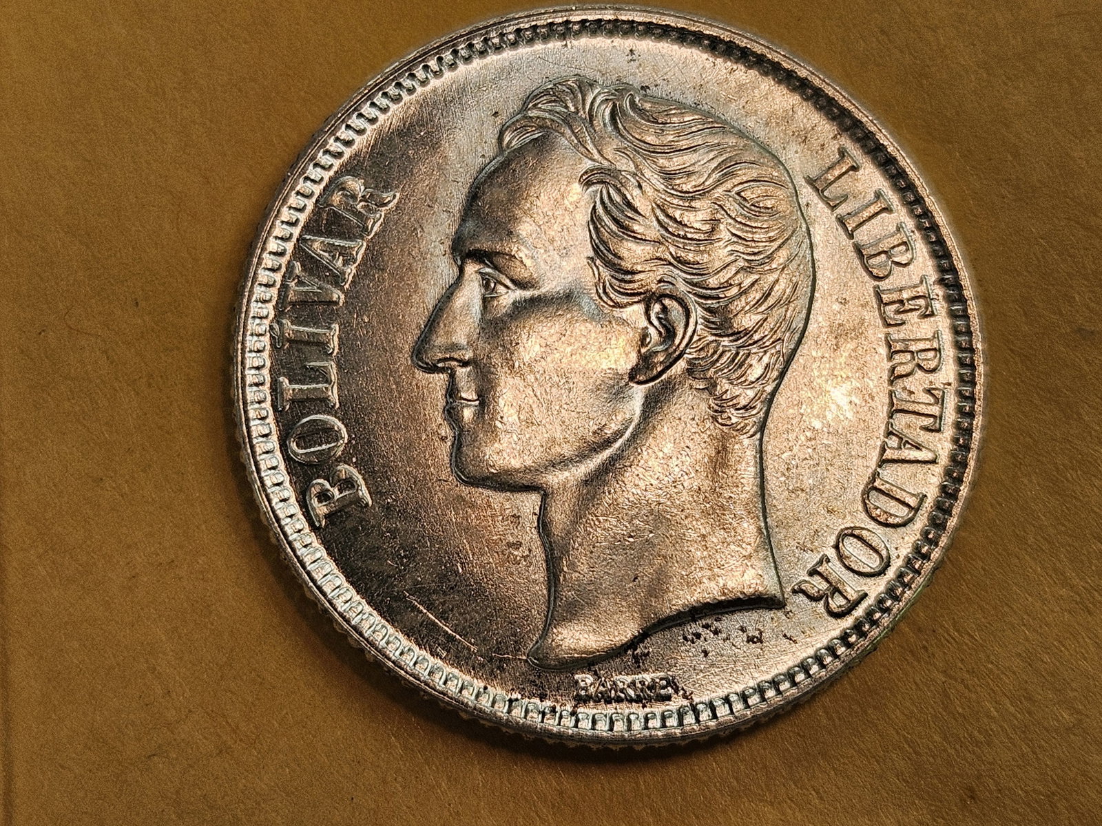 GEM Brilliant Uncirculated plus 1954 Venezuela silver 1 bolivar: Y # 37. One year issue