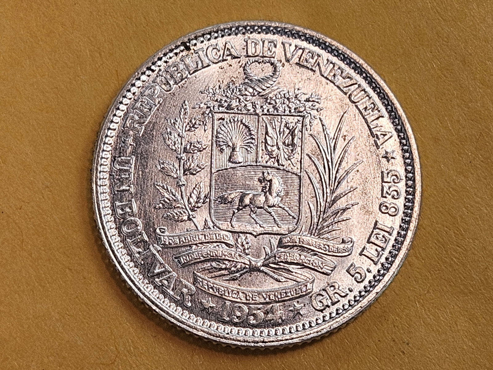 GEM Brilliant Uncirculated plus 1954 Venezuela silver 1 bolivar - 7