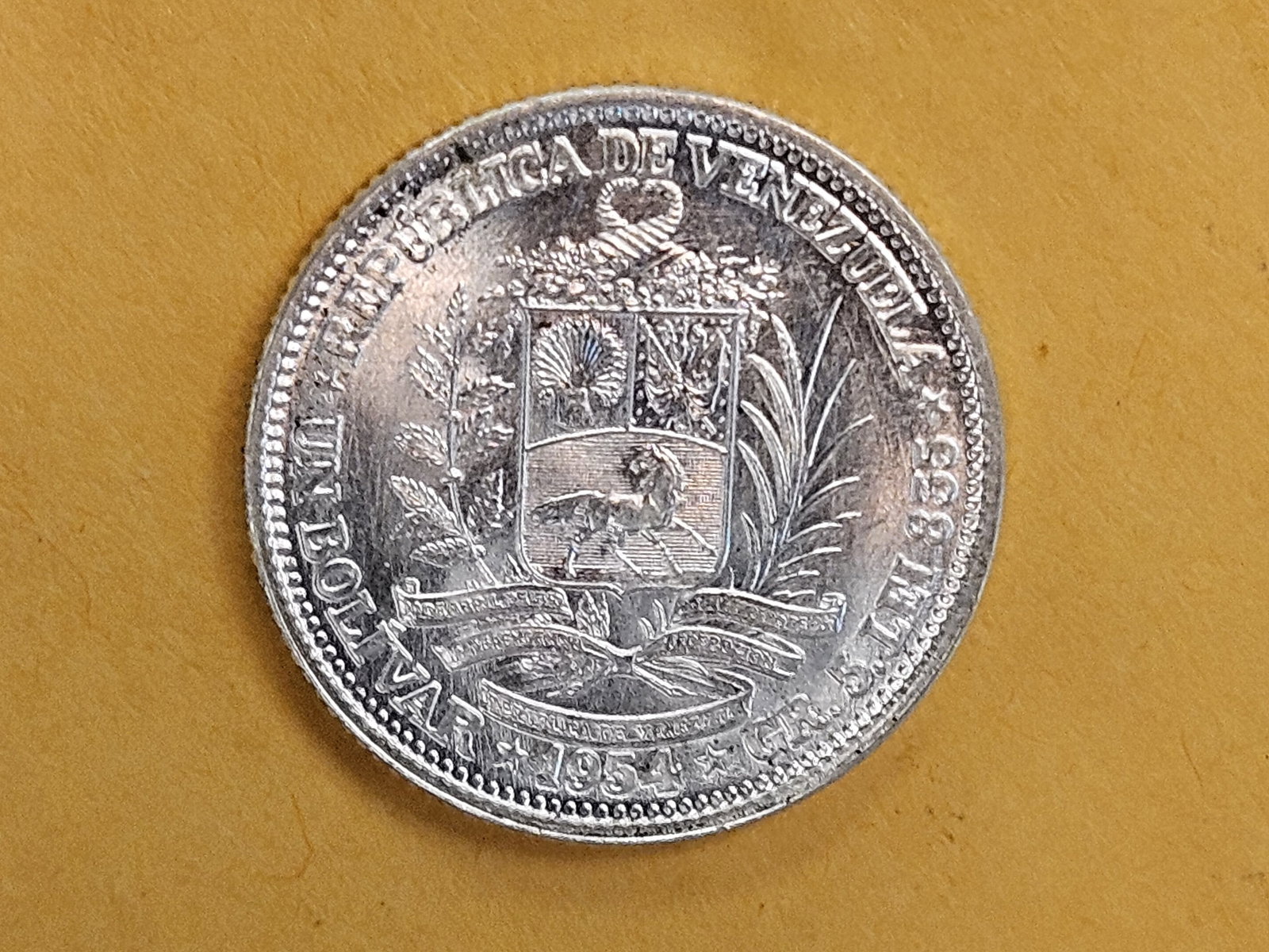 GEM Brilliant Uncirculated plus 1954 Venezuela silver 1 bolivar - 8
