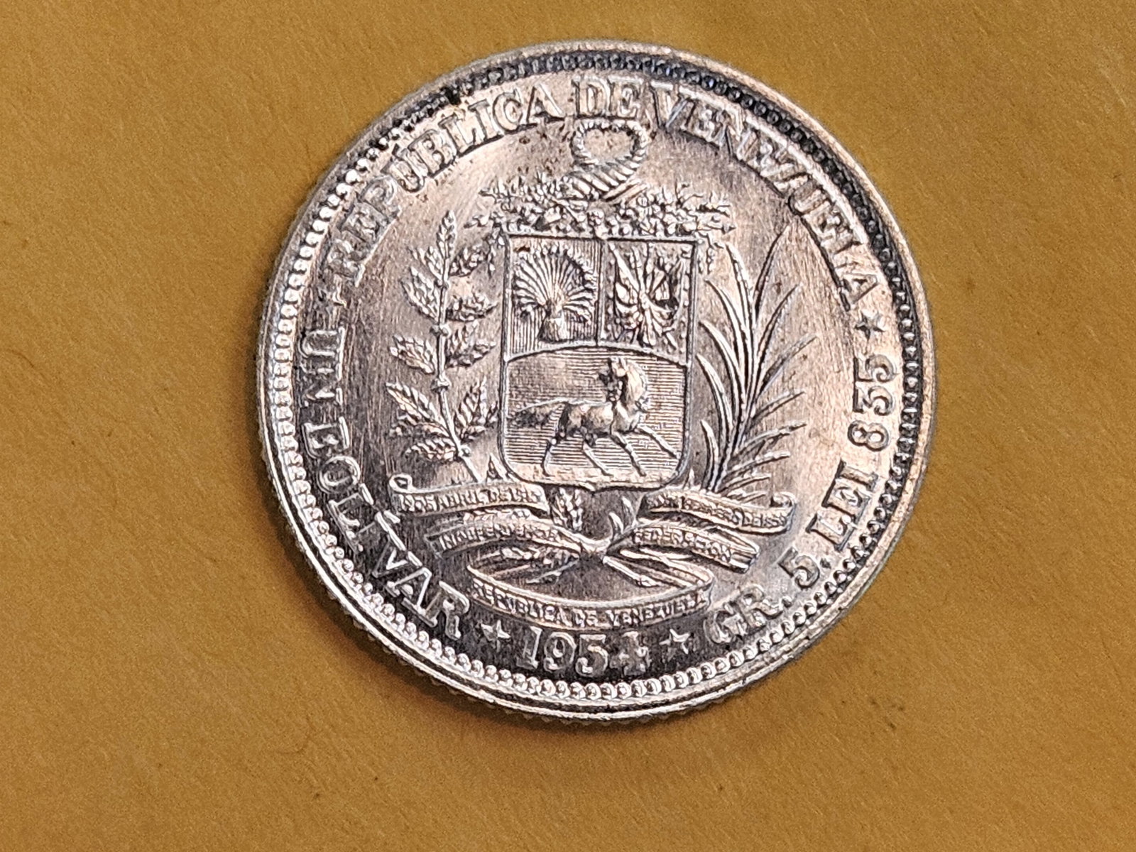 GEM Brilliant Uncirculated plus 1954 Venezuela silver 1 bolivar - 9