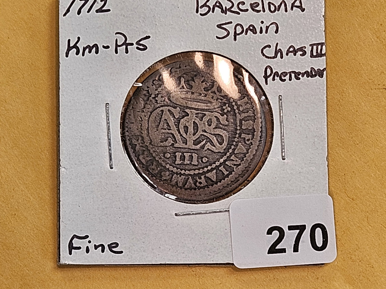 1712 Barcelona Spain Charles III coin in Fine - 2