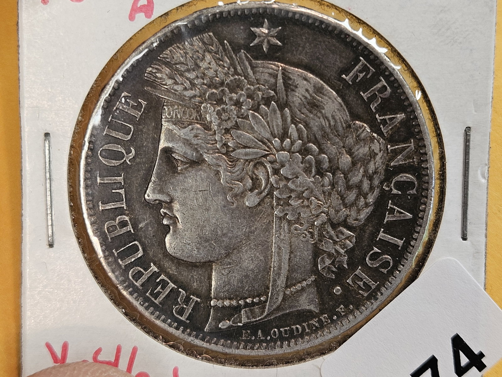 Choice About Uncirculated plus 1870-A France silver 5 francs - 3