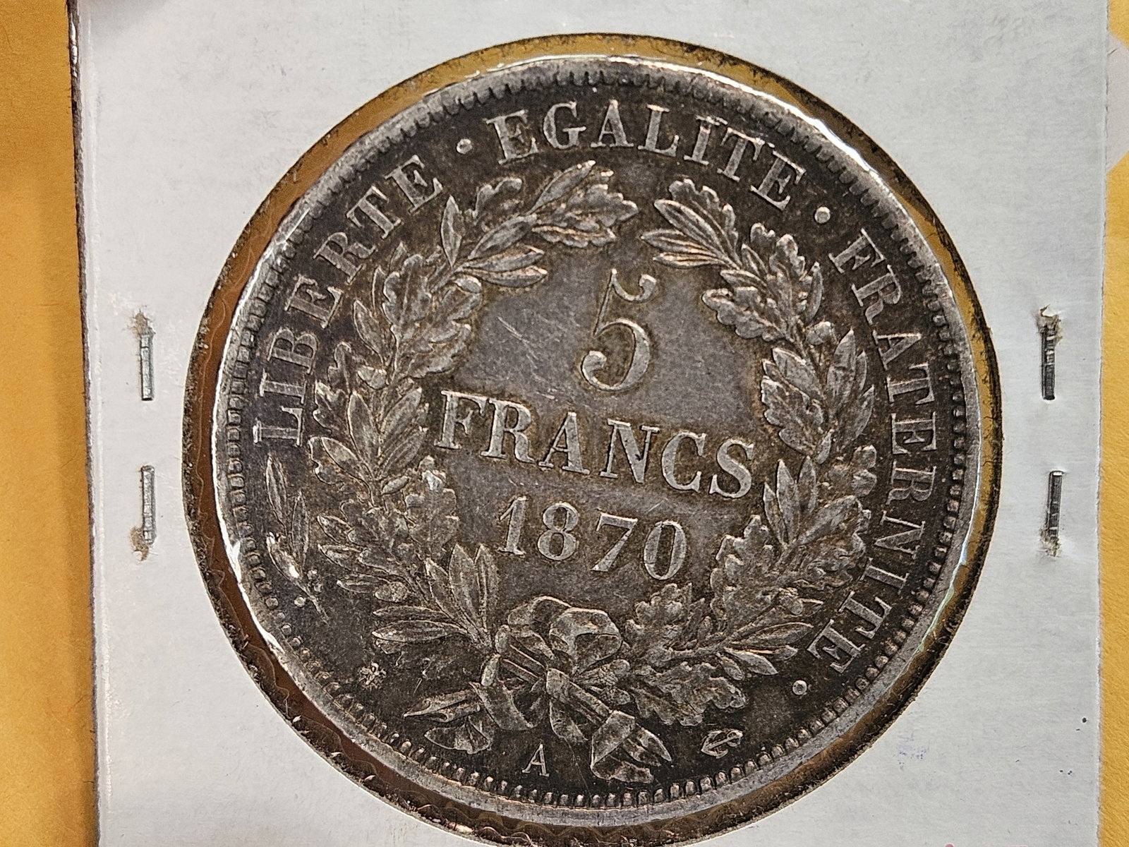 Choice About Uncirculated plus 1870-A France silver 5 francs - 5
