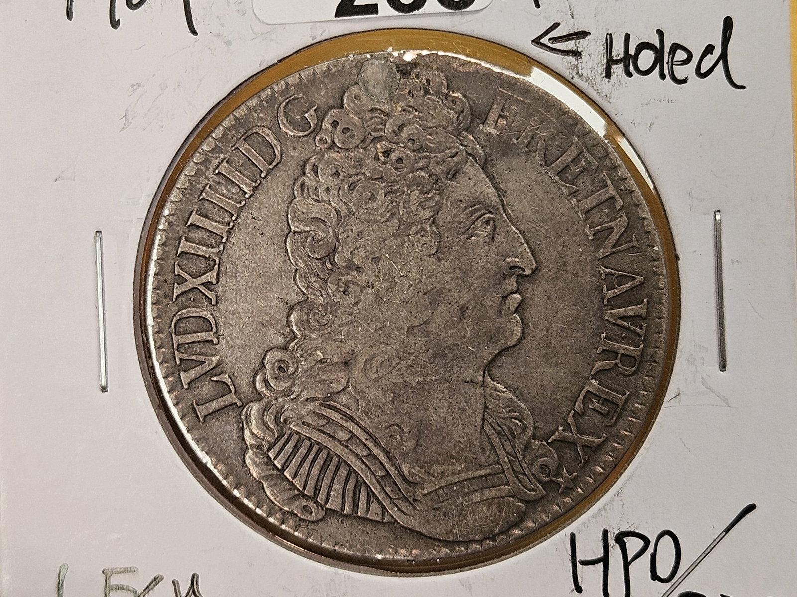 Scarcer! 1709 France silver 1 ecu: KM # 387. Looks VF-XF. Plugged hole