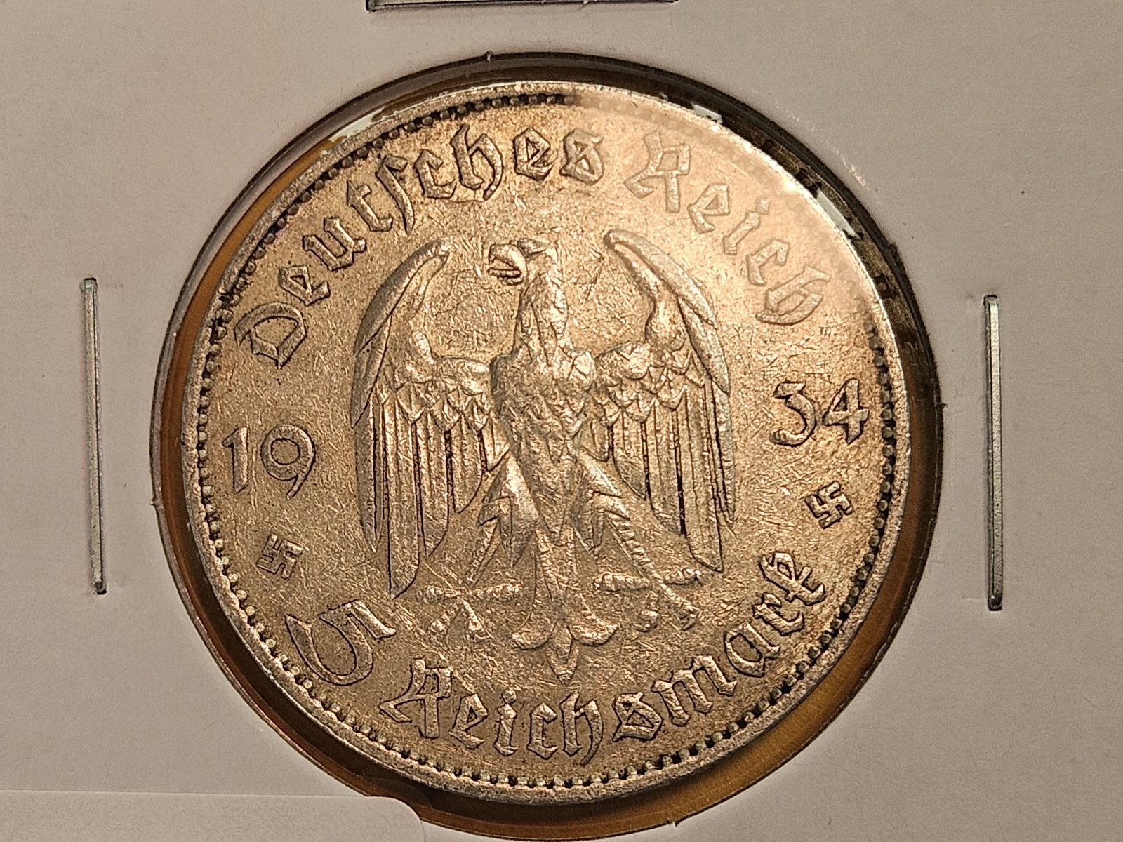 1934-F Germany silver 5 reichsmark: Lightly toned