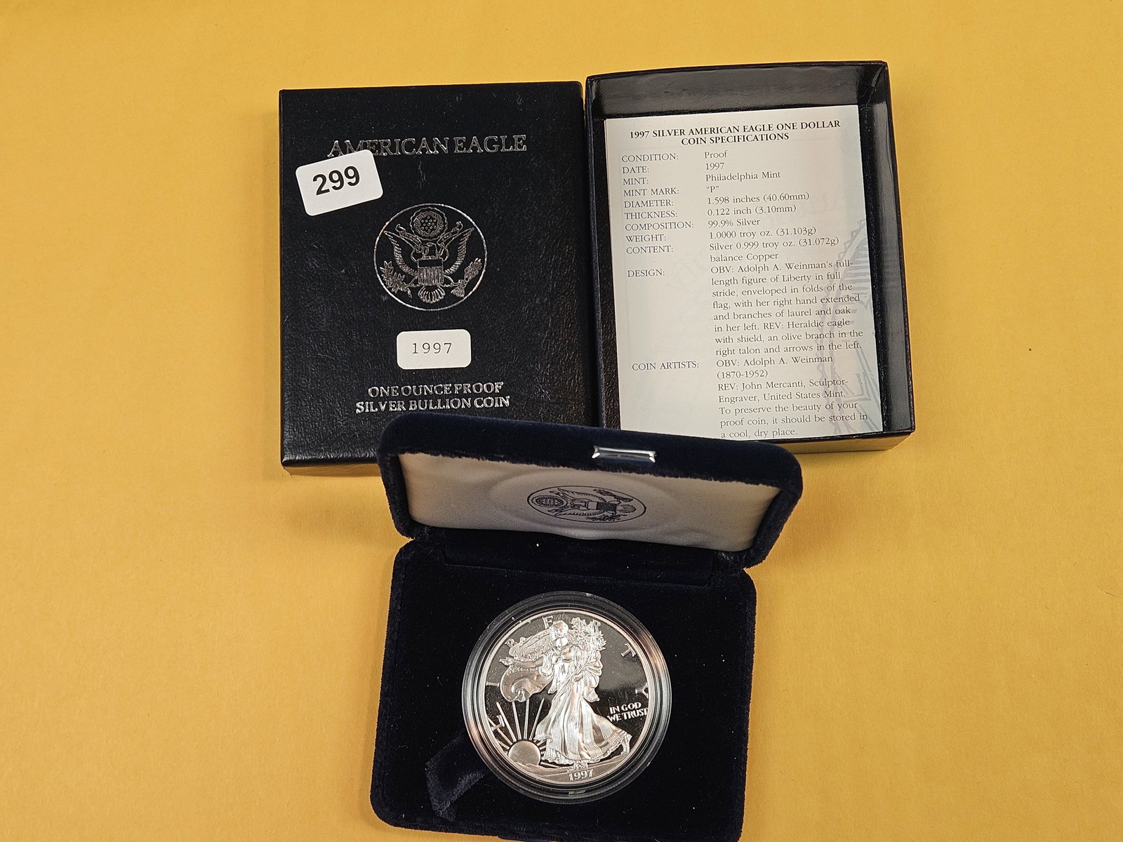 GEM Proof Deep Cameo 1997 American Silver Eagle: In original government packaging with certificated of authenticity