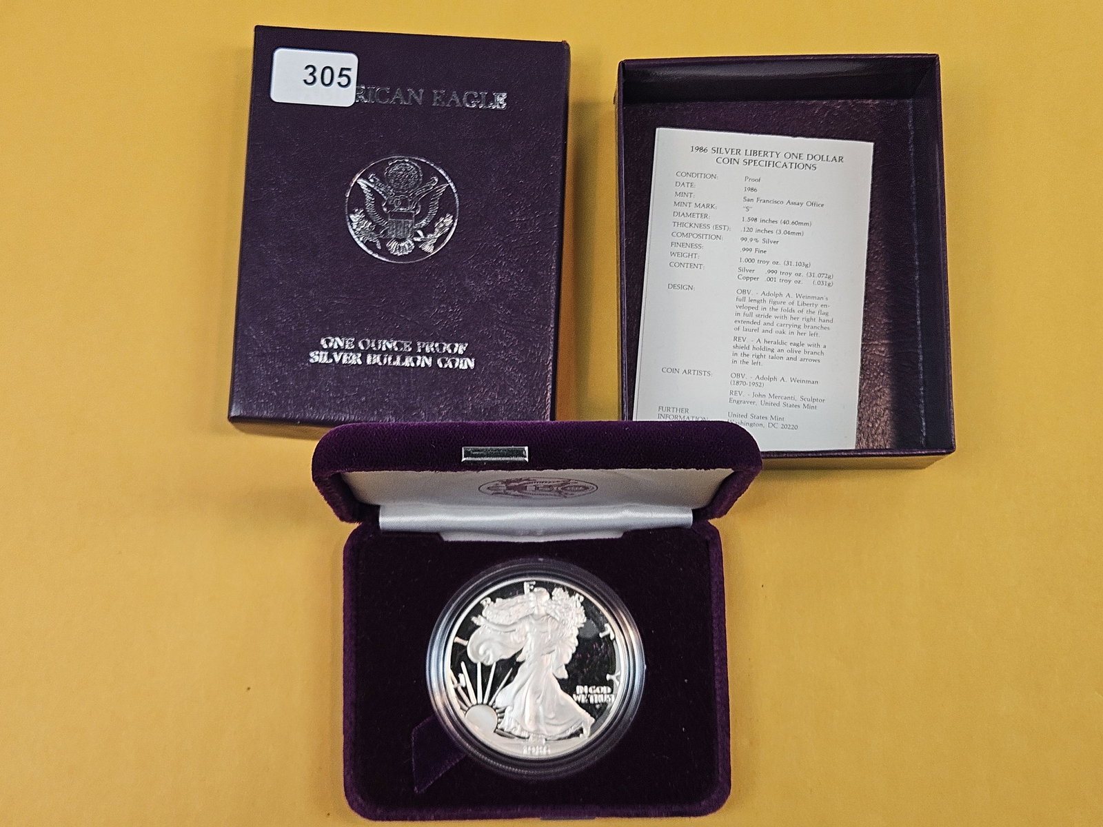 KEY DATE! GEM Proof Deep Cameo 1986 American Silver Eagle: In original government packaging with certificated of authenticity