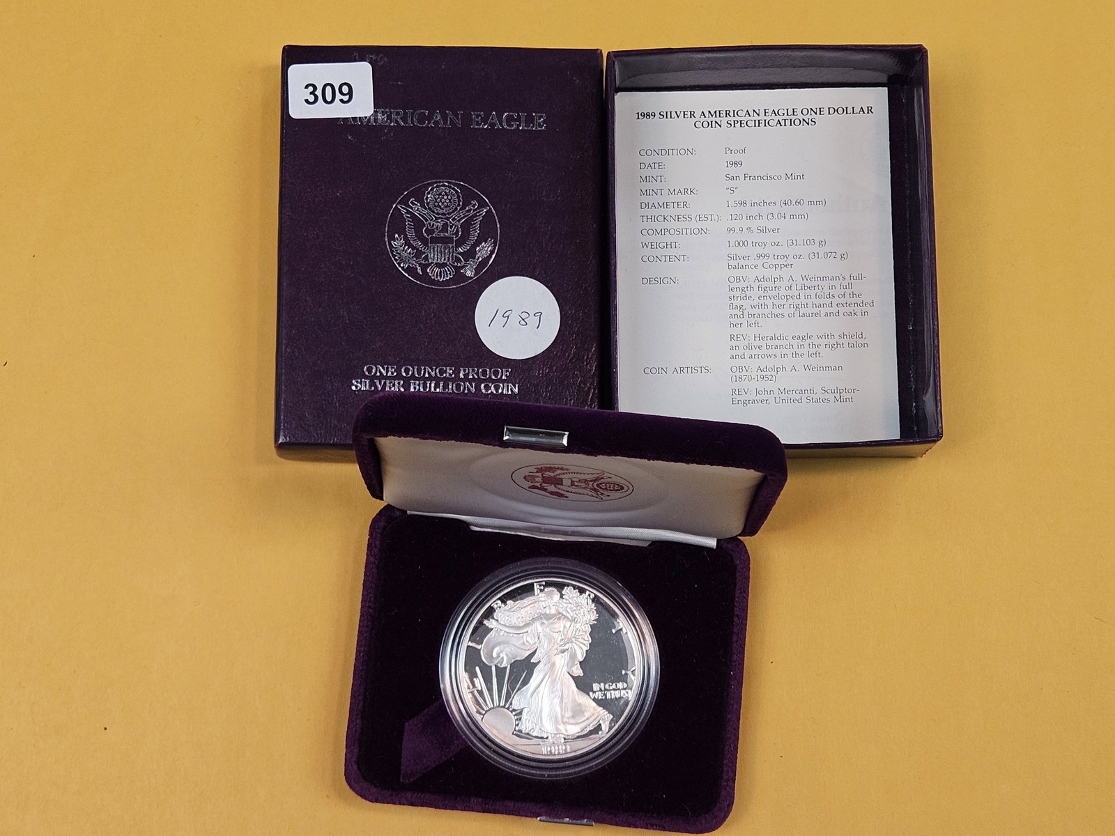 GEM Proof Deep Cameo 1989 American Silver Eagle: In original government packaging with certificated of authenticity