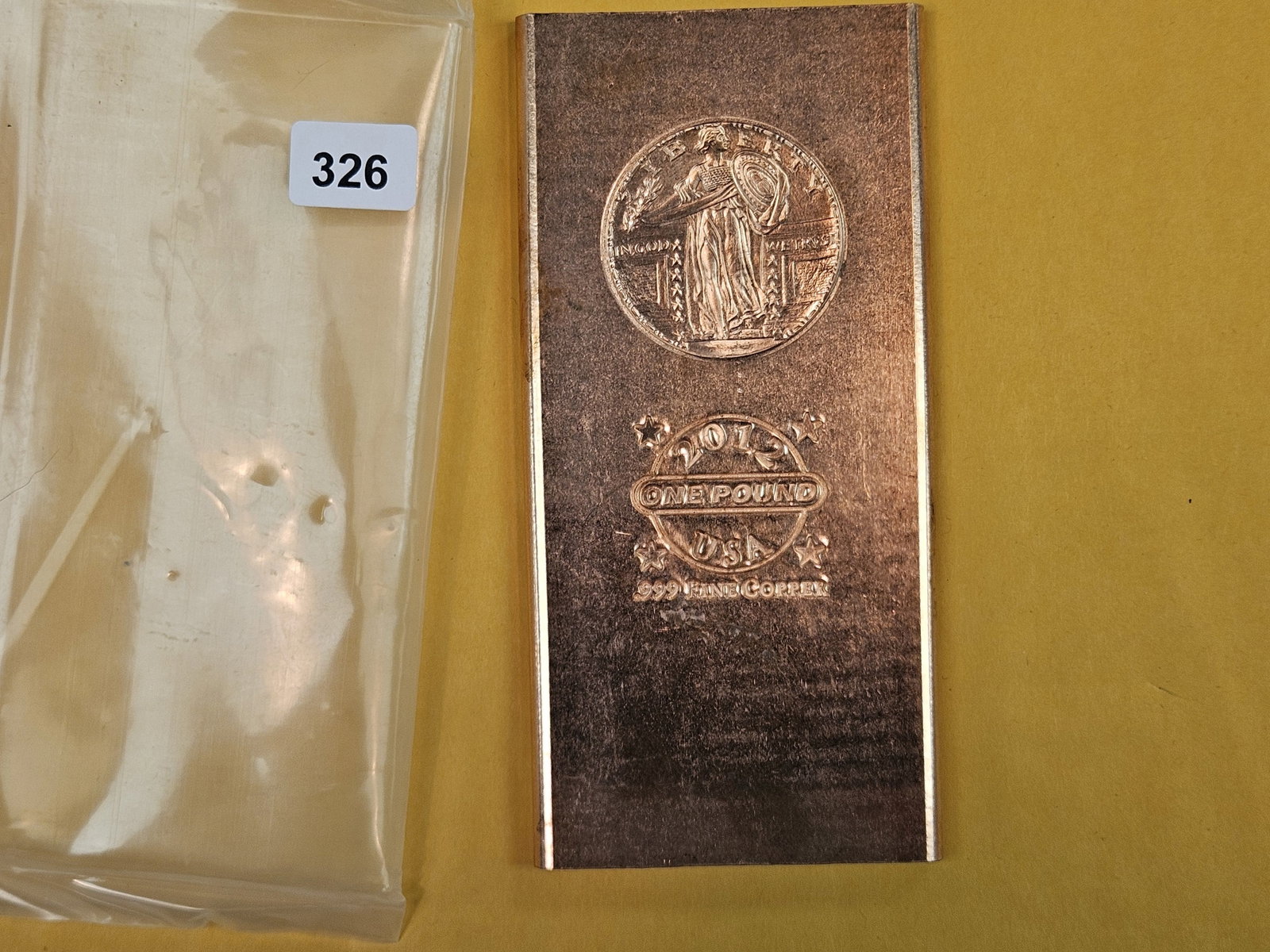 ONE POUND .999 fine copper bar: Standing liberty motif