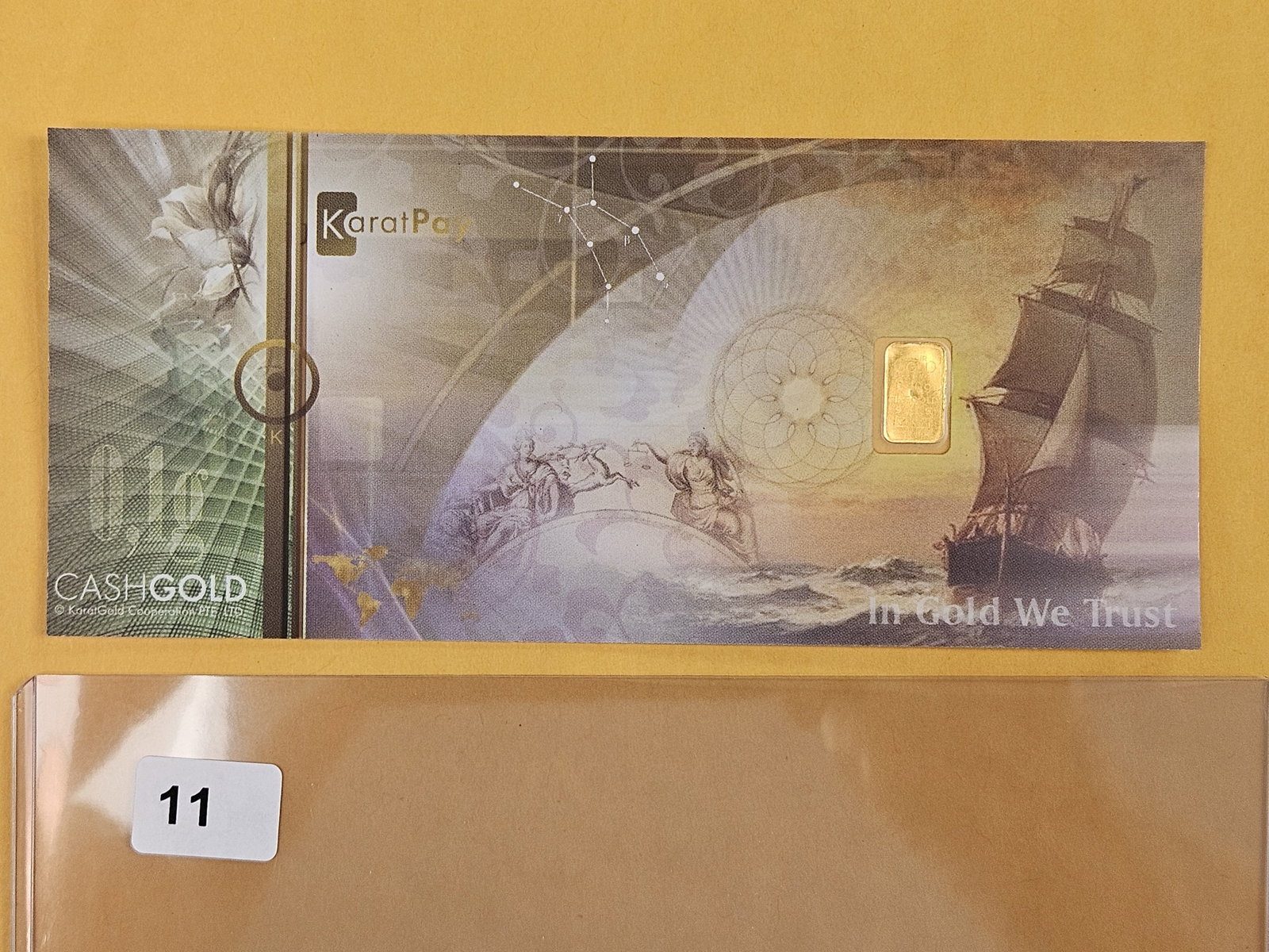 GOLD! KARATBARS CashGold .9999 fine Gold bar: In a polymer note. Weighs .1 grams