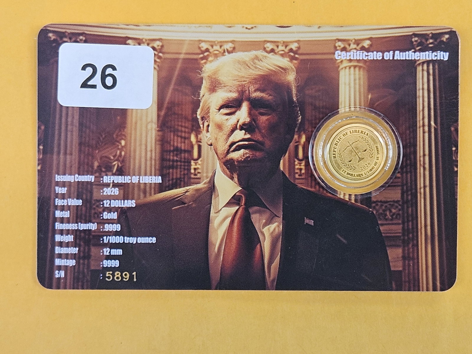 GOLD! GEM 2026 Republic of Liberia GOLD Ten Dollars: In original assay certificate holder